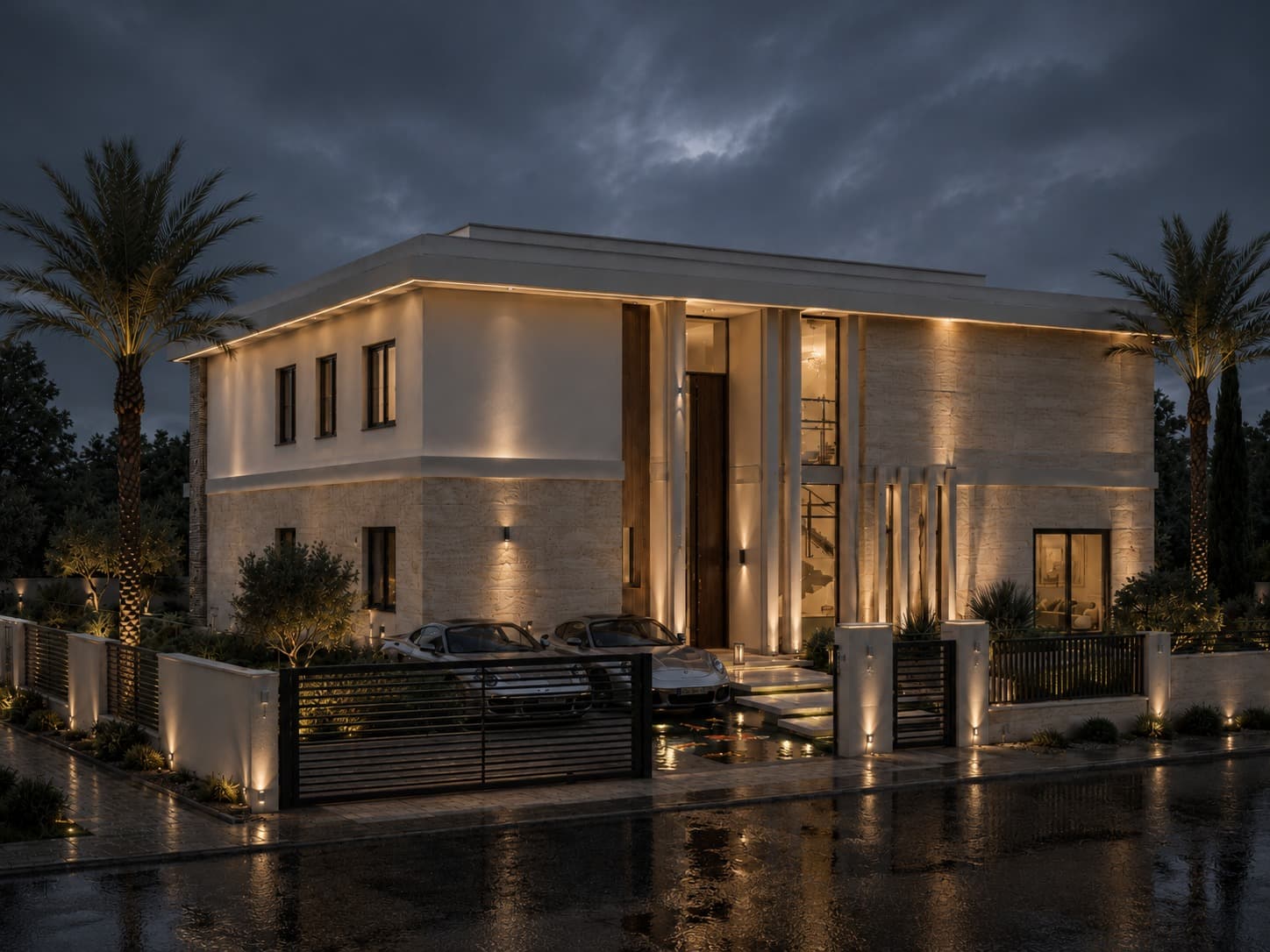 A completed house at dusk, lit from within